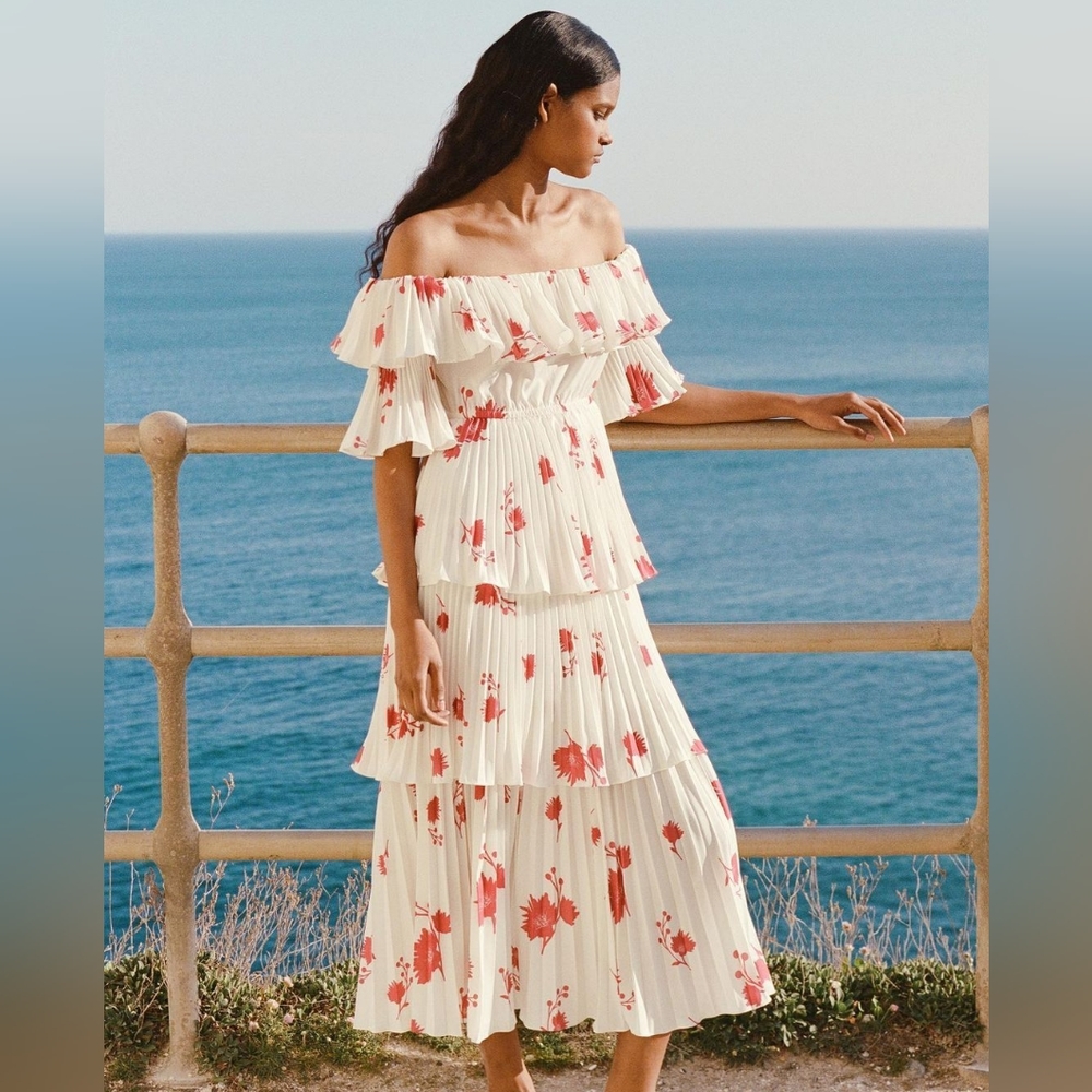 Self-Portrait. Pleated Off-The-Shoulder Midi-Dress